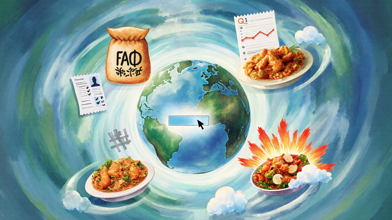 Artistic illustration merging a globe with icons representing data sources and miniature chicken dishes.