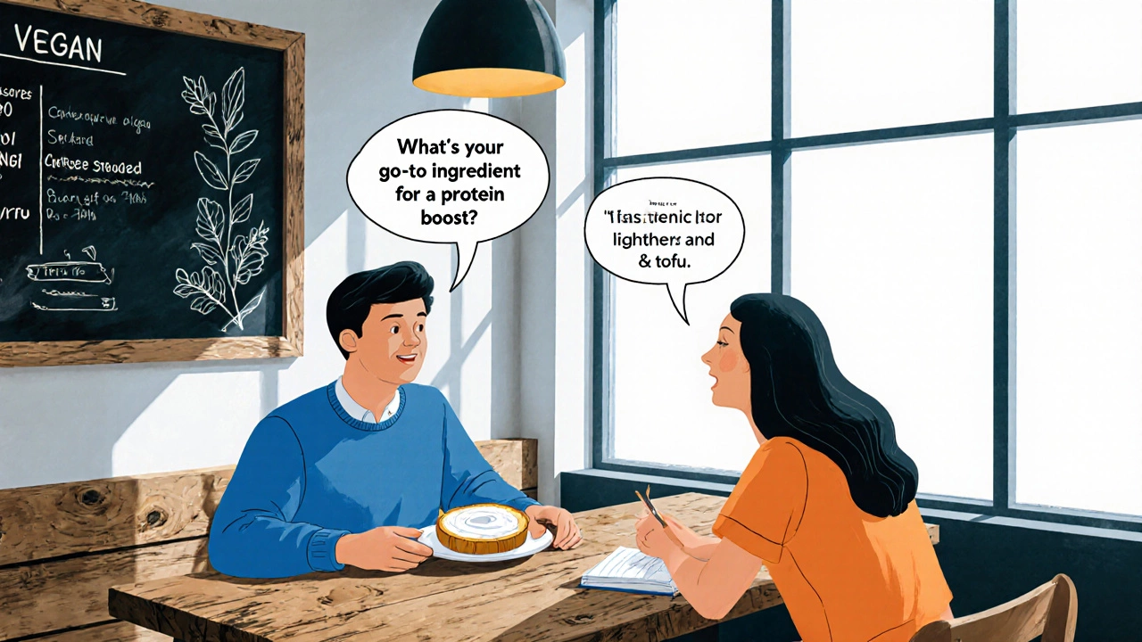 Café brunch conversation with friends discussing vegan protein sources over a plate of cashew cheese.