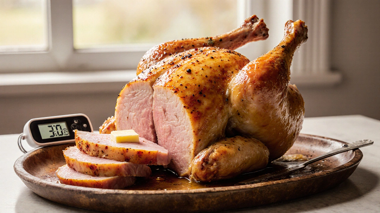 Carved roasted chicken on platter, juicy slice exposed, thermometer and butter pat beside it.