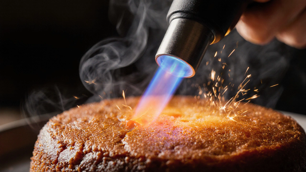 Close-up of a torch flame caramelizing the top of a cake, with amber crust forming.