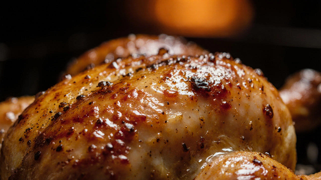 Close-up of golden crispy chicken skin with glaze, hinting at broiling finish.