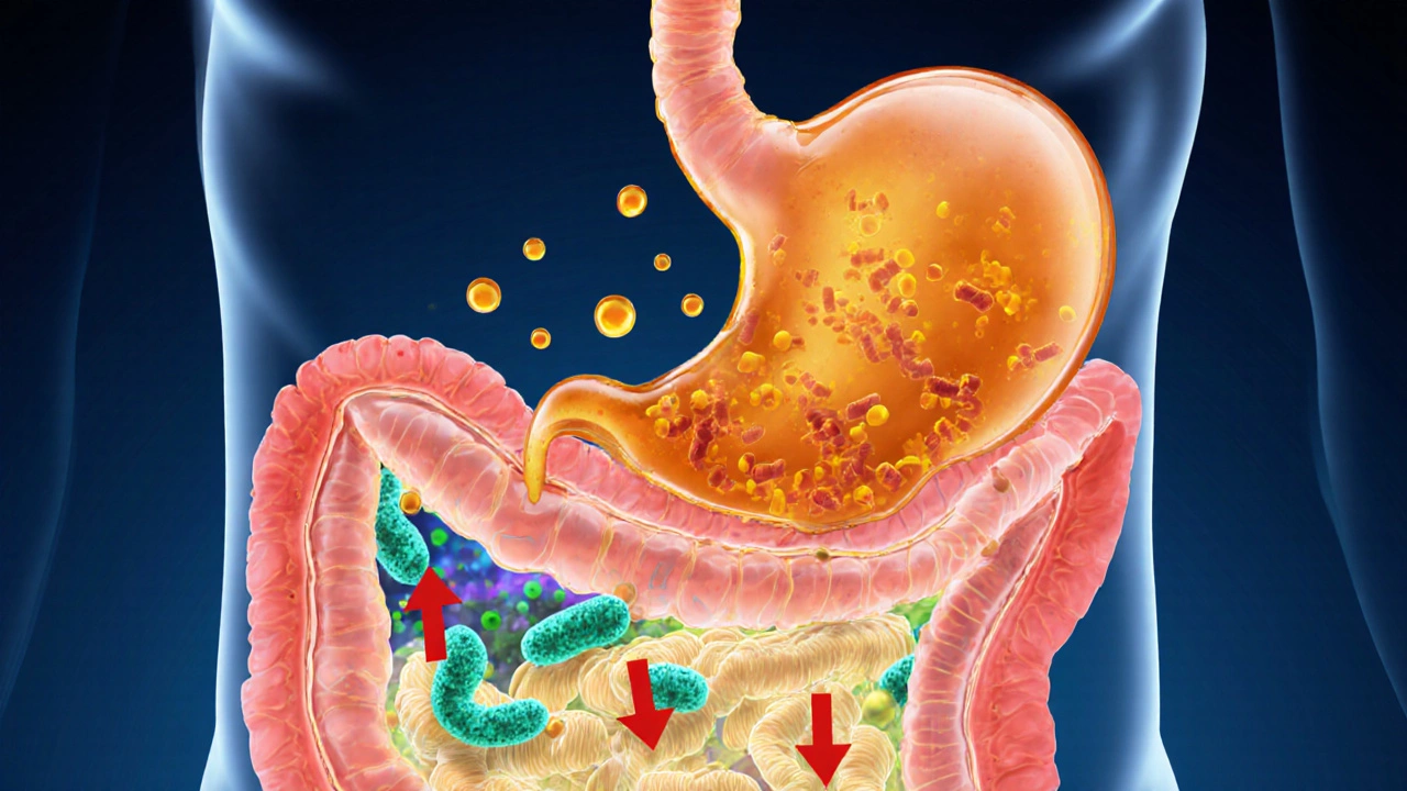 Cross‑section showing stomach acid droplets and probiotic bacteria improving digestion and reducing inflammation.