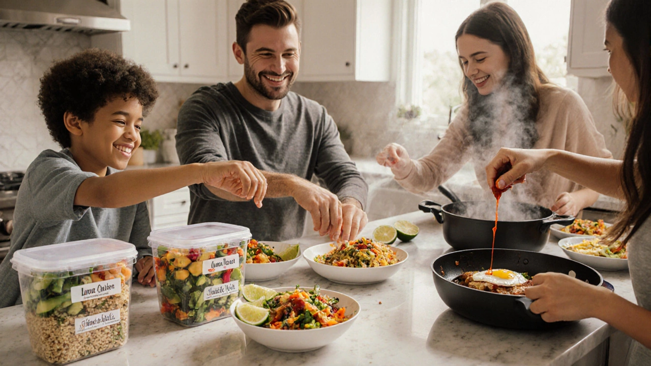 Family assembling Mexican bowls, pasta, and stir‑fry using batch‑cooked containers at a kitchen island.