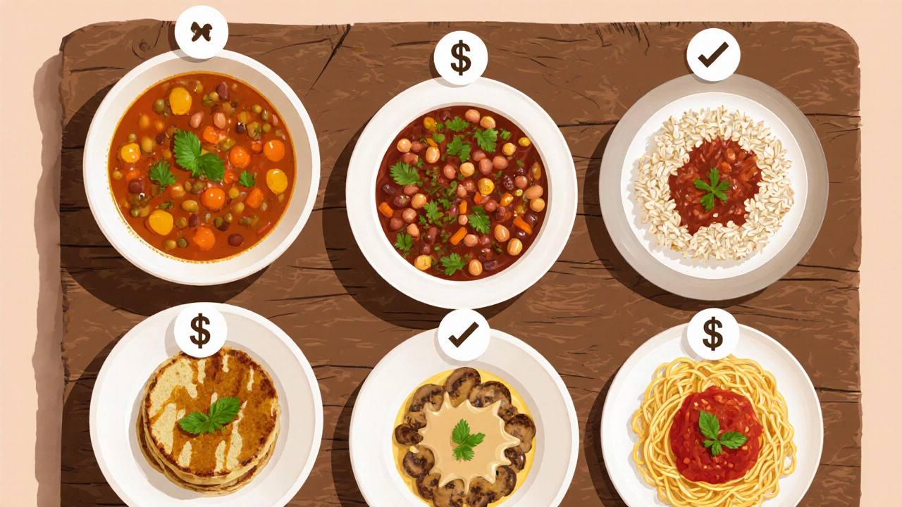 Flat‑lay of budget-friendly meals for a week, including soup, chili, and pasta.