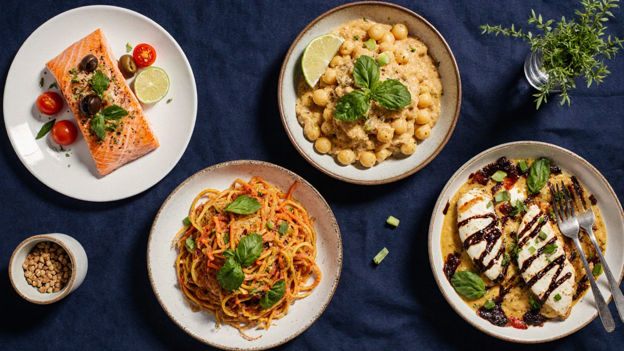 Flat‑lay of four colorful dinner plates showing varied cuisines and textures.