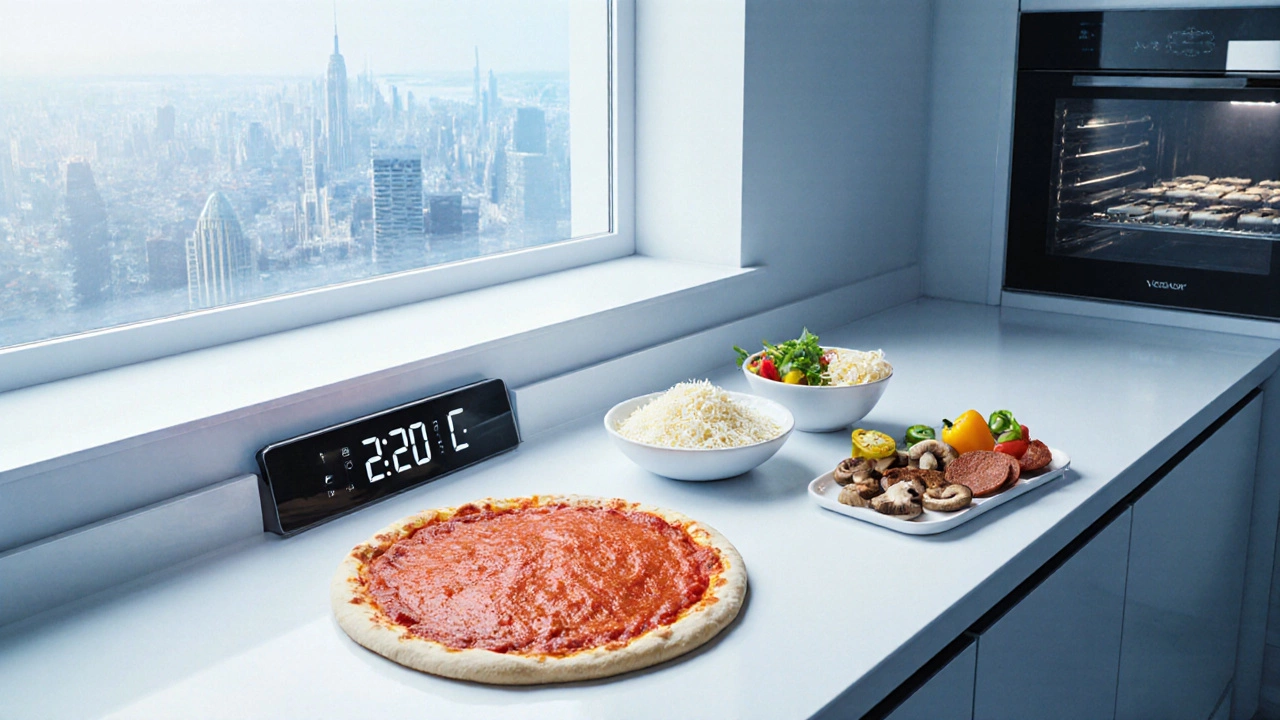 Flat‑lay of pizza ingredients with timer, highlighting quick home preparation.