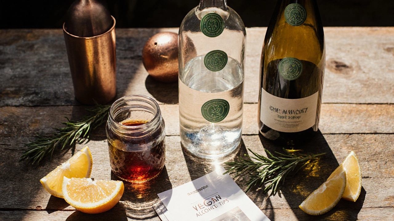 Flat‑lay of vegan happy‑hour spread: vegan wine, vodka, fruit, herbs, and cocktail tools.