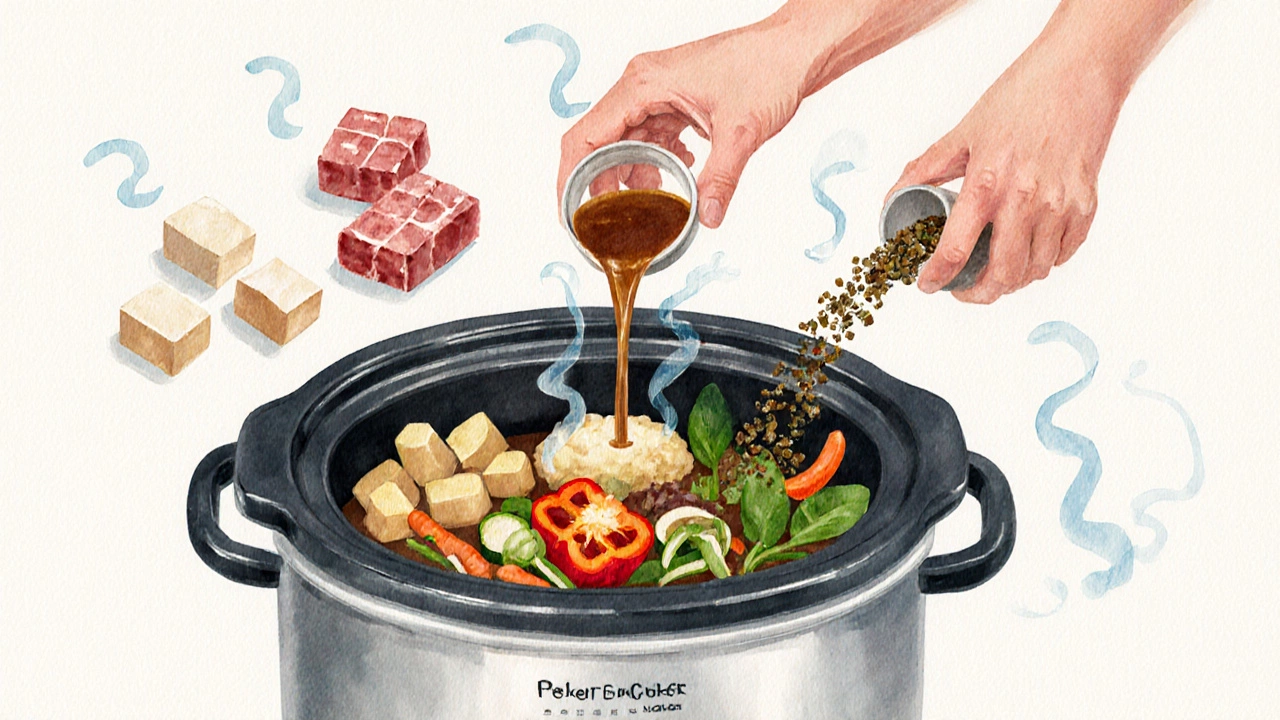 Hand adding meat, starch, liquid, spices and delicate vegetables into a slow cooker in watercolor style.