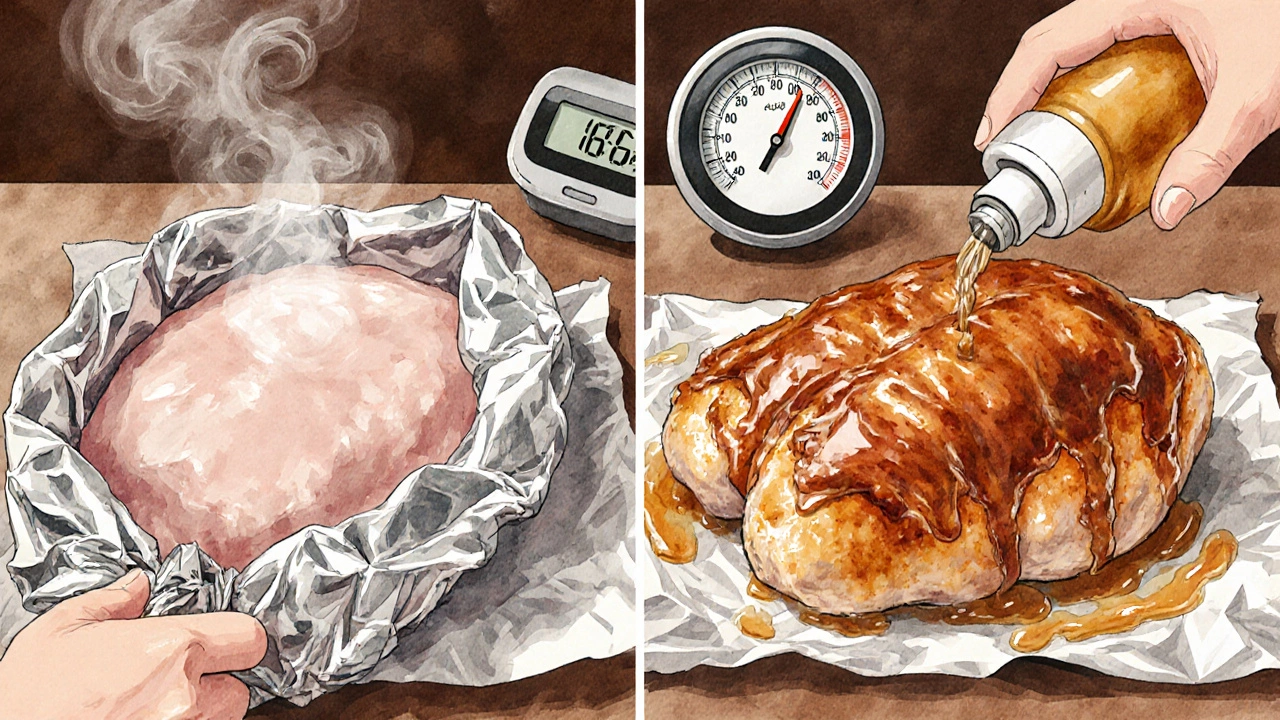 Hand removing foil from chicken, left side moist, right side crisp, with thermometer and glaze.
