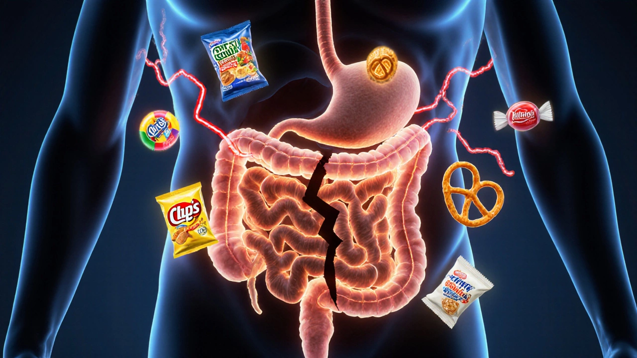 Human gut with cracked lining surrounded by junk food items labeled with gluten ingredients.