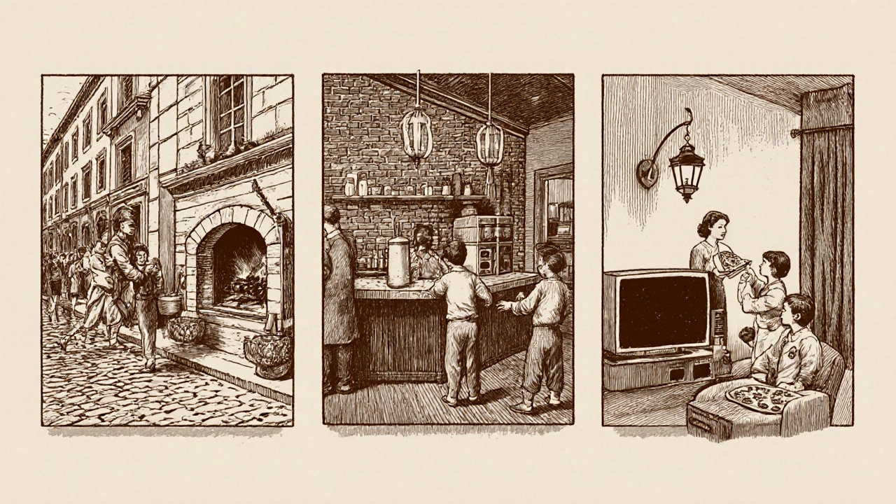 Illustrated timeline of pizza from historic Naples to modern fast‑food era.