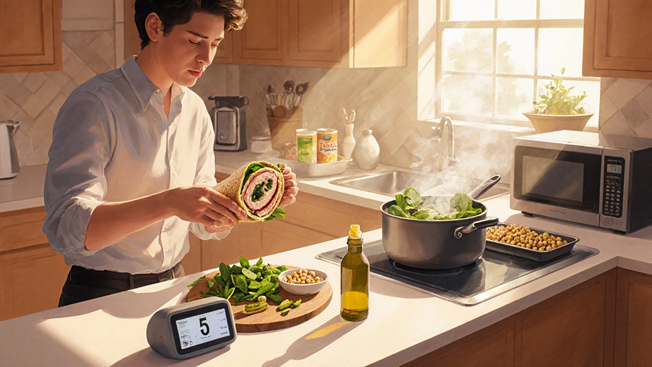 Kitchen scene of a person quickly assembling a wrap, with rice, edamame, and salad ingredients nearby.