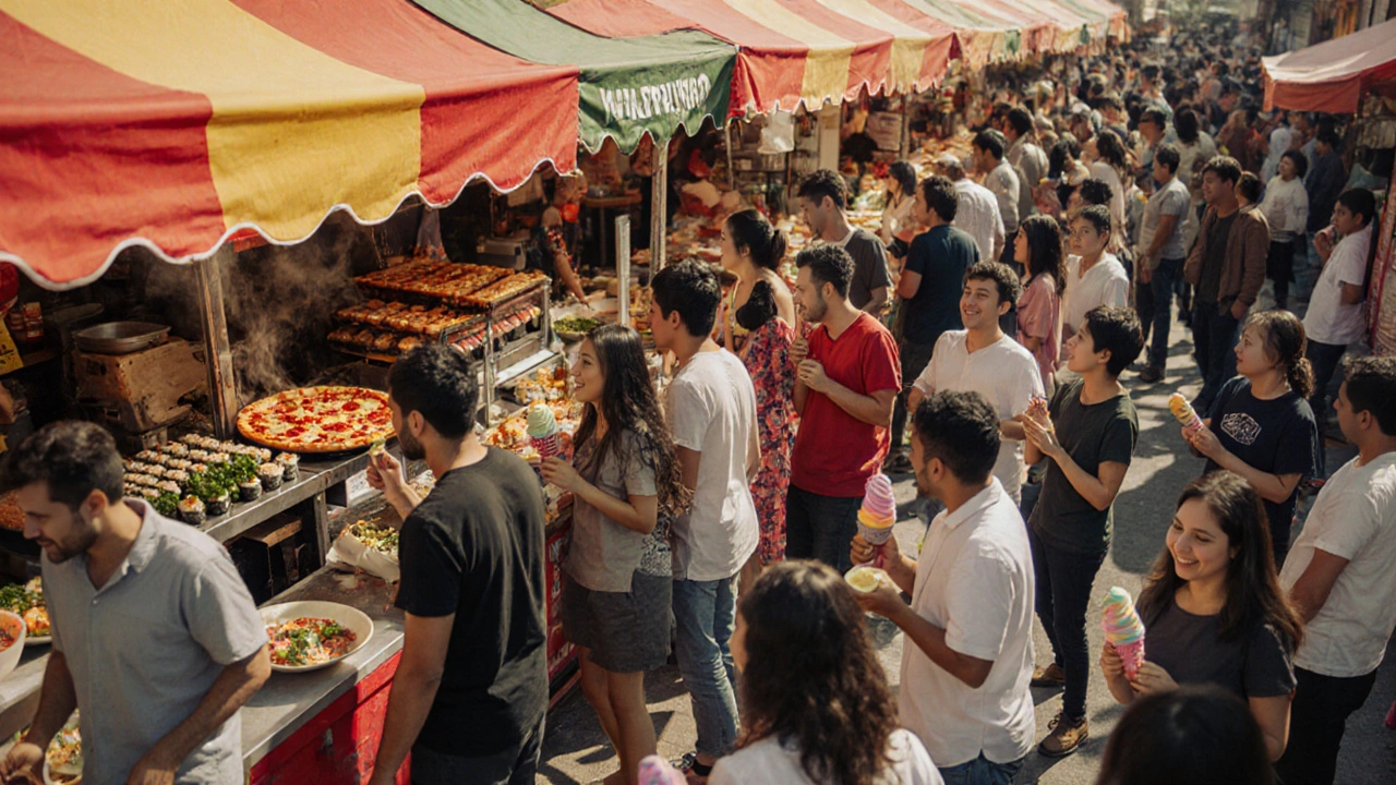 Lively street market with vendors and customers enjoying pizza, sushi, tacos, and more.