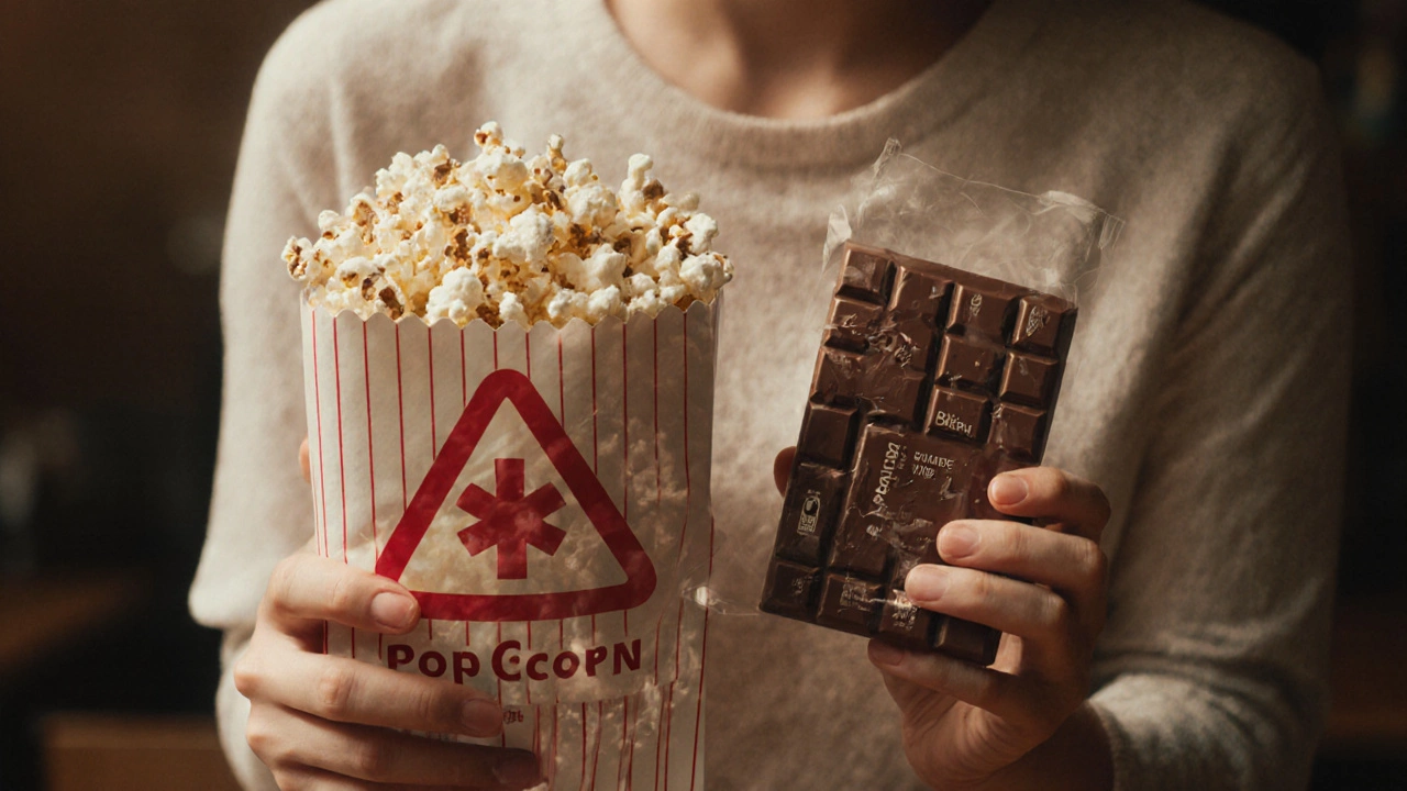 Person holding popcorn and chocolate with transparent overlays showing hidden gluten sources.