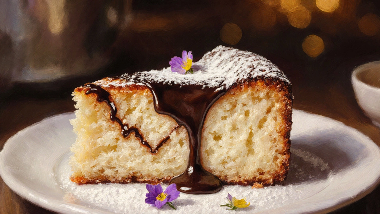 Plate with a slice of burn‑away cake, chocolate drizzle, powdered sugar, and edible flowers.