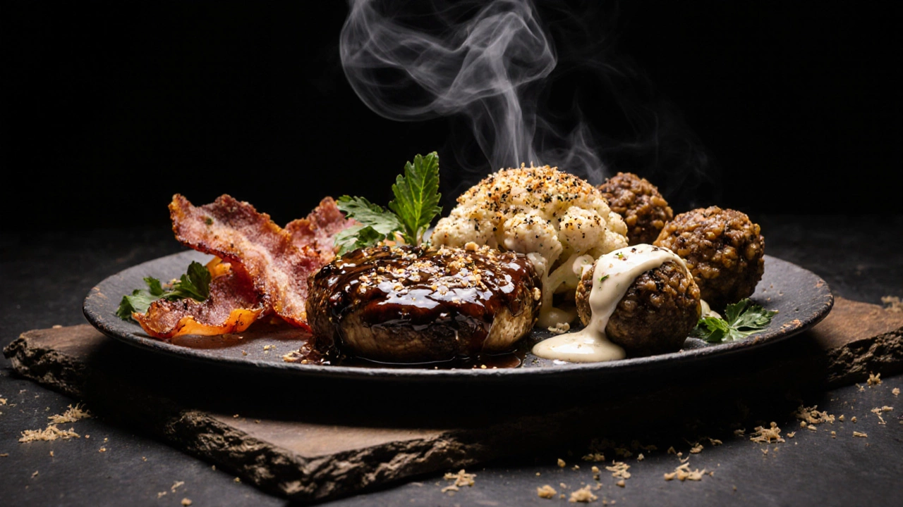 Plate with grilled portobello steak, tempeh bacon, cauliflower wing, and lentil meatballs, garnished with herbs.