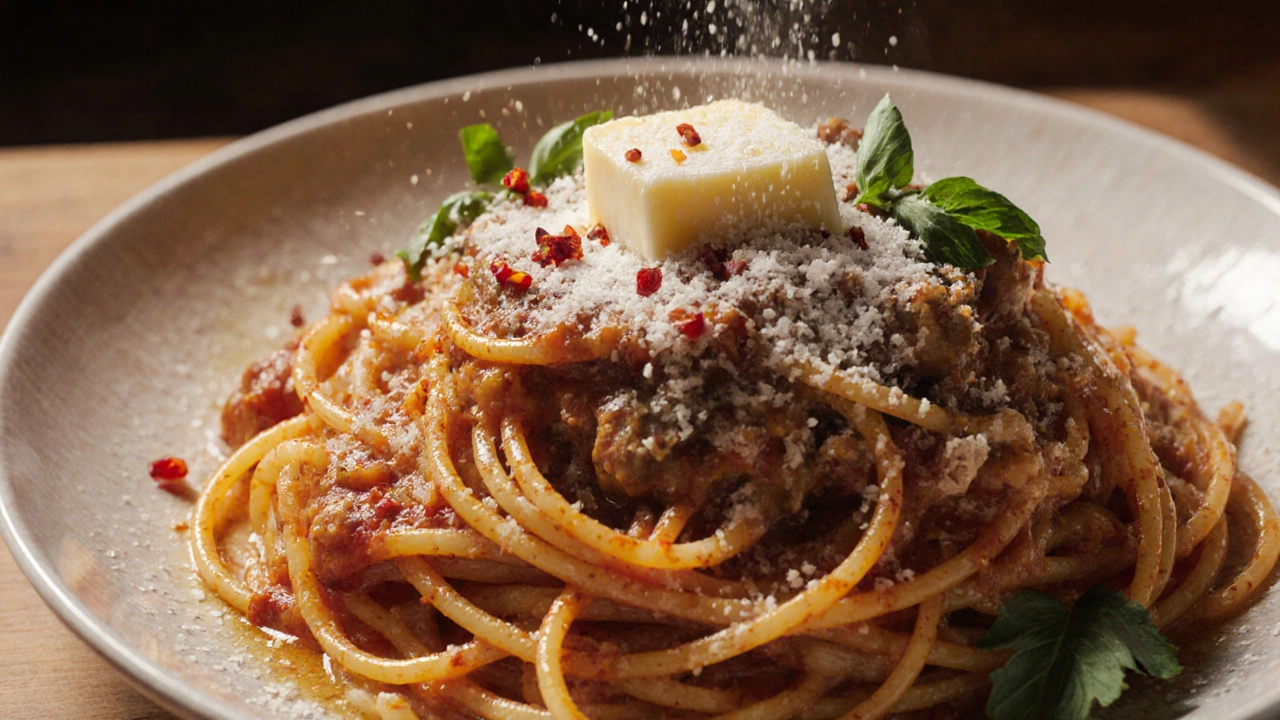 Plated spaghetti glossy with sauce, butter, Parmesan, parsley, and olive oil.