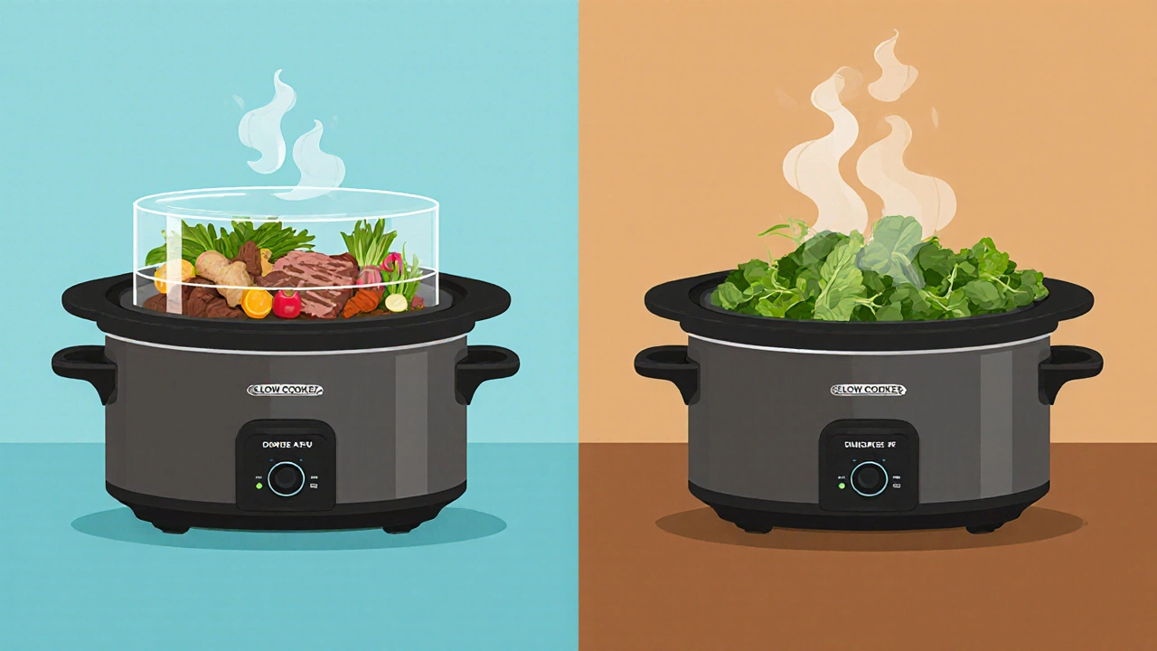 Side‑by‑side slow cookers: one properly layered, the other overcrowded with veggies at the bottom.