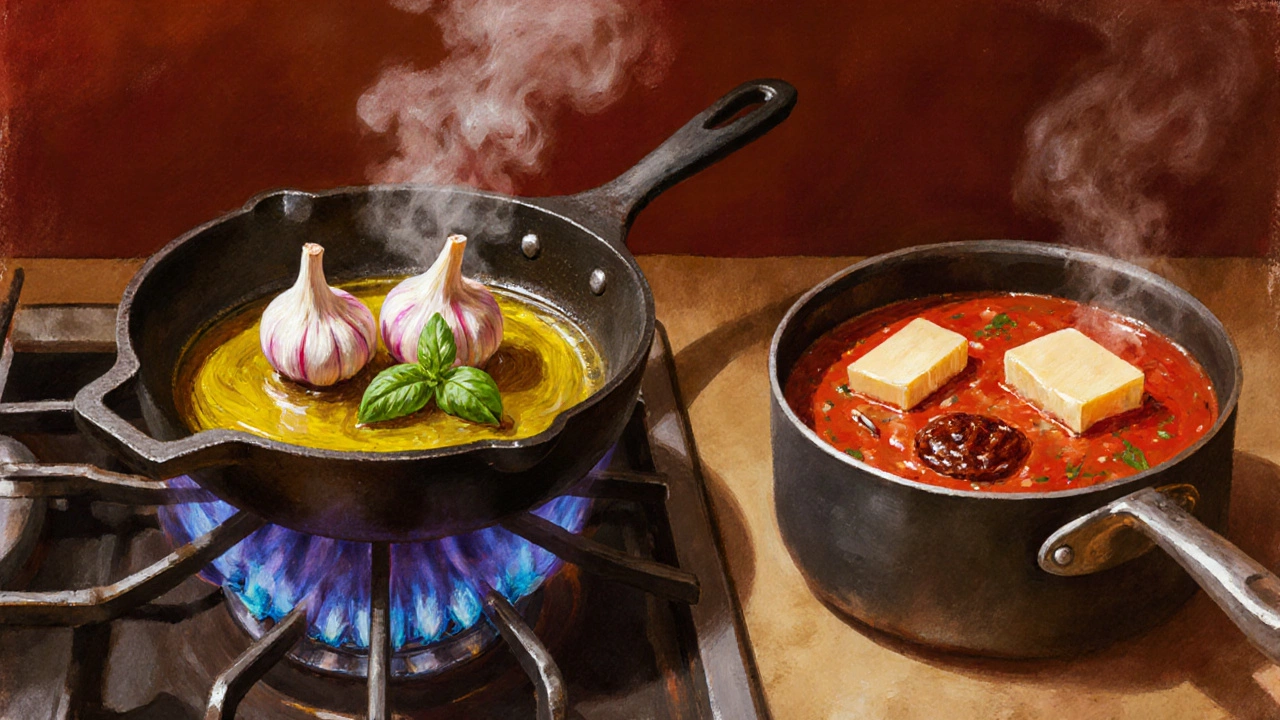 Skillet with garlic‑infused olive oil and simmering tomato sauce with cheese and anchovy.