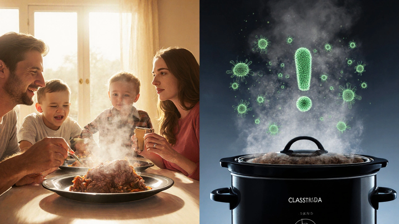 Split‑screen image contrasting a family enjoying safe slow‑cooked meat with bacterial spores on the unsafe side.