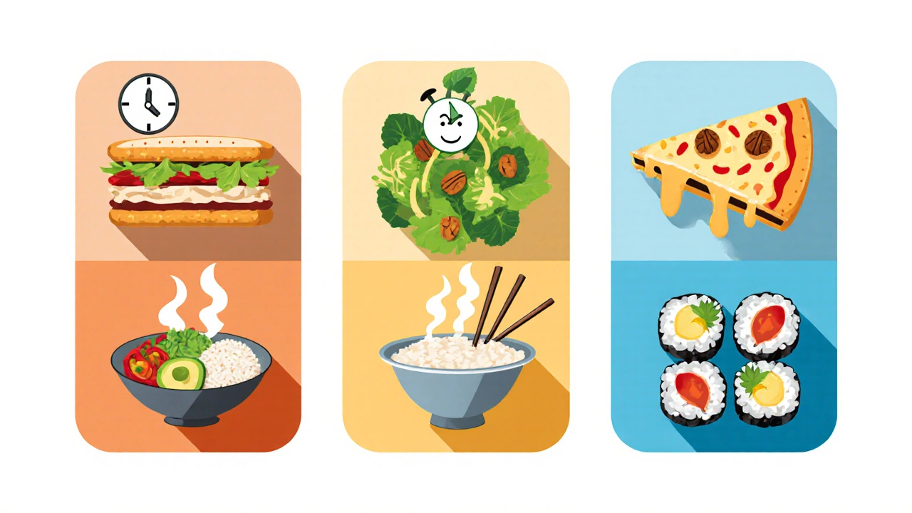 Stack of stylized icons showing a sandwich, salad, pizza slice, rice bowl, and sushi rolls.
