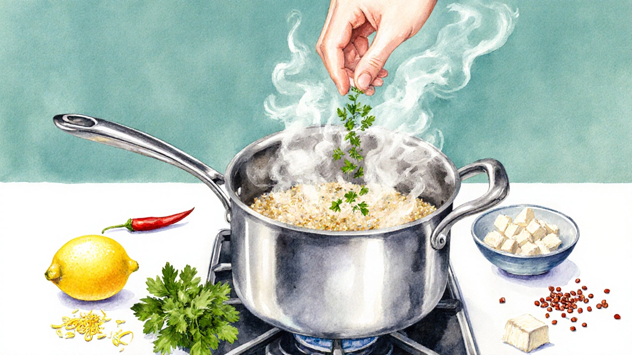 Steaming saucepan with lemon‑herb quinoa and fresh ingredients arranged nearby.