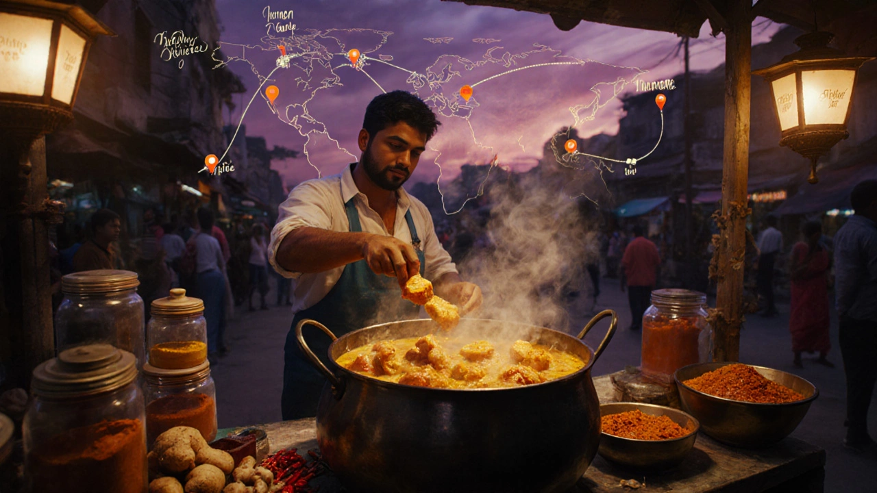 Street vendor cooking chicken curry at dusk, with aromatic spices and map pins showing global influence.