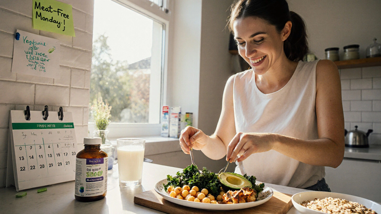 Sunny kitchen with a colorful vegetarian plate, supplement bottles, and a calendar marked Meat‑Free Monday.