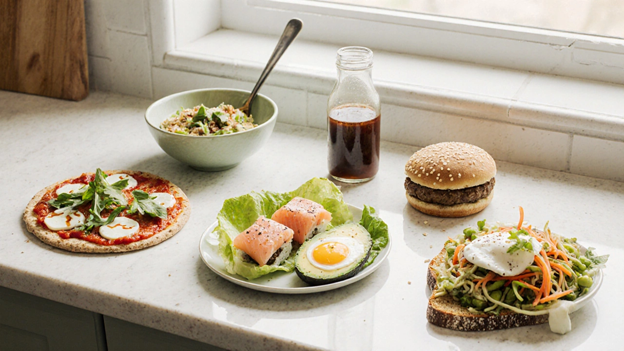 Top-down view of a kitchen counter with healthy versions of popular dishes.