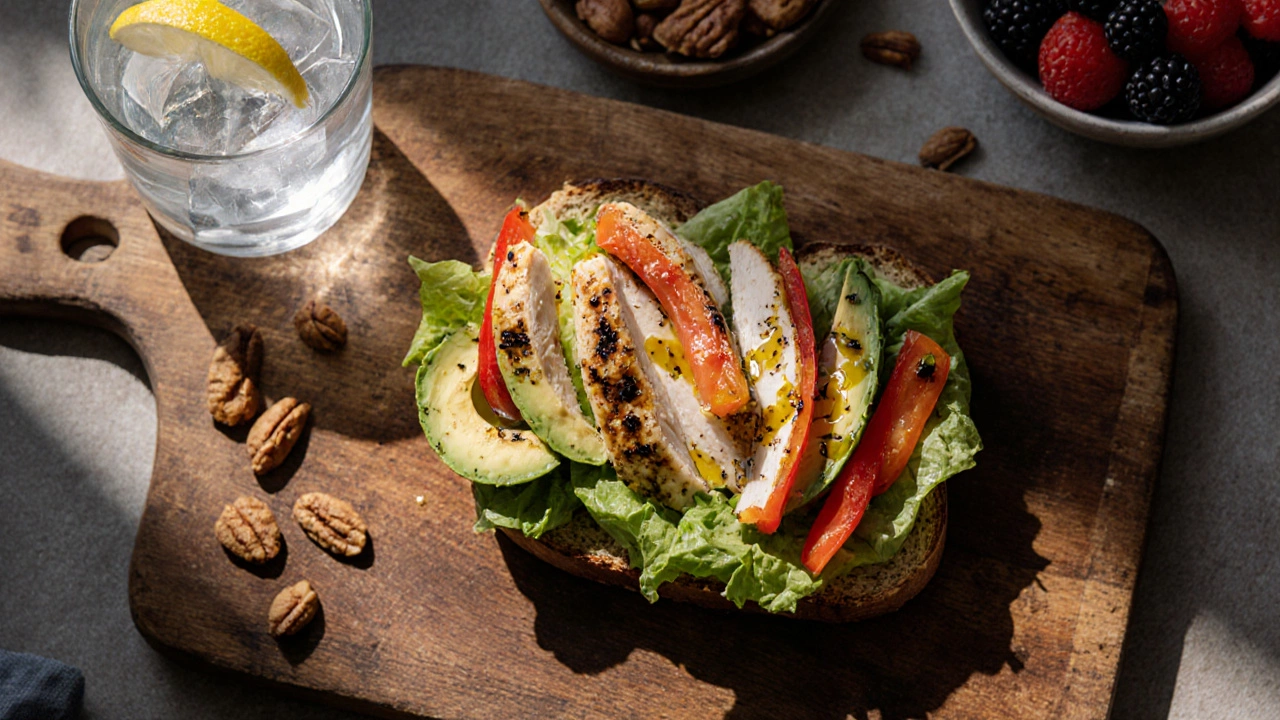 Top‑down view of an upgraded whole‑grain sandwich with avocado and veggies.