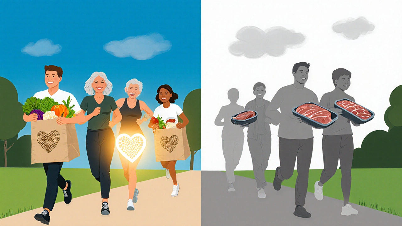 Two park paths showing healthy, glowing people with plant foods versus muted figures with meat, illustrating health differences.