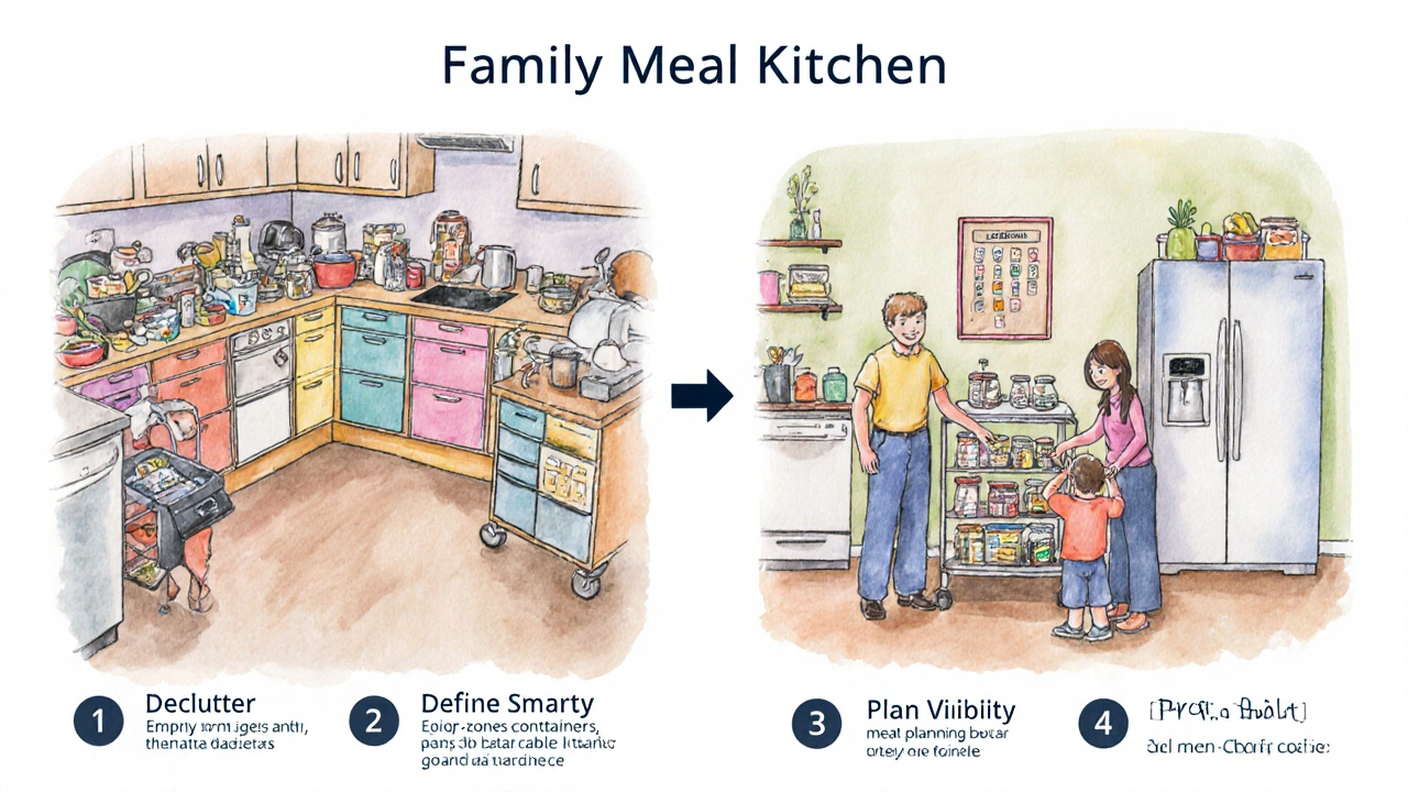 Watercolor illustration of a kitchen transformed from cluttered to organized in five steps.