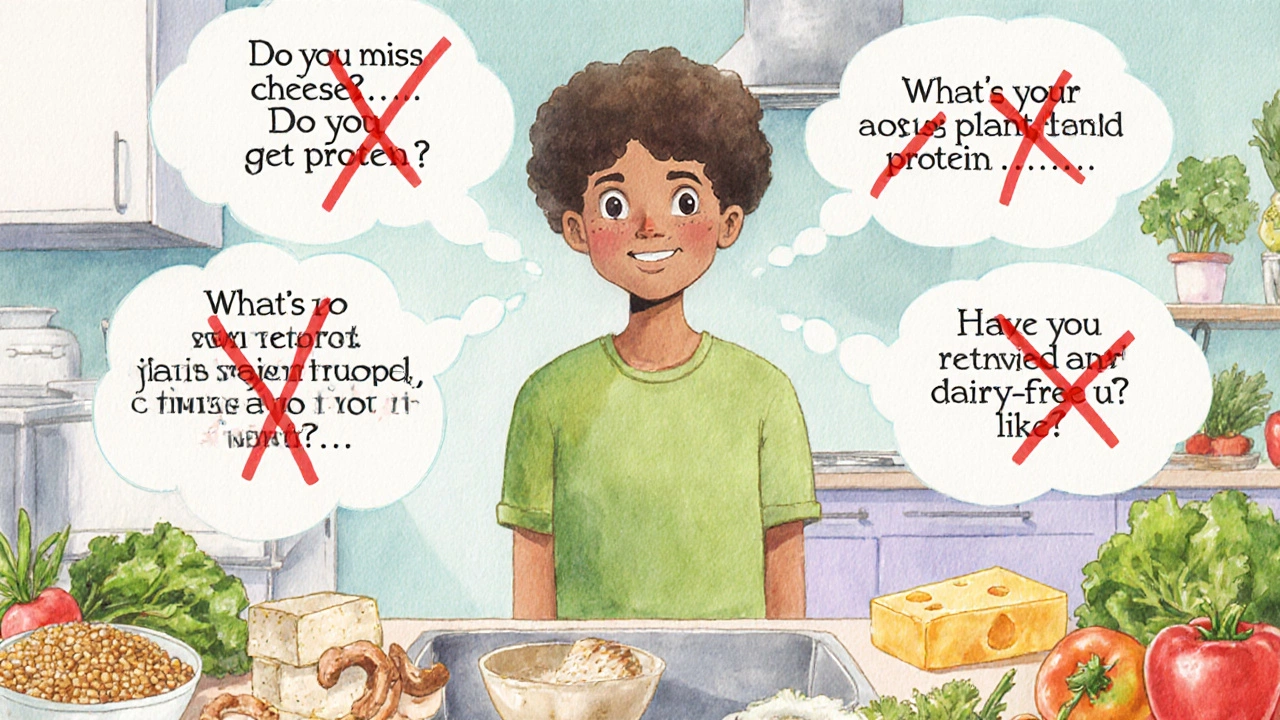 Watercolor kitchen scene showing crossed‑out insensitive questions and positive alternative queries around a vegan cook.