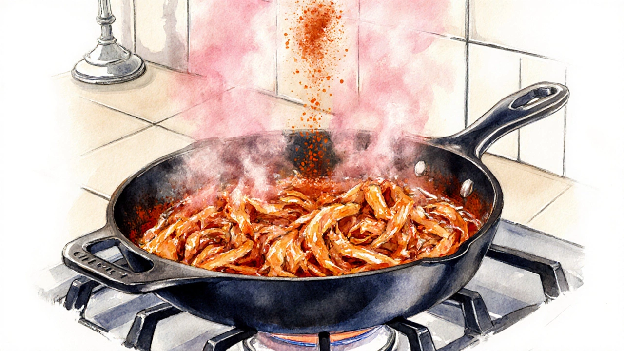 Watercolor of shredded jackfruit in a skillet with smoky barbecue glaze and steam.