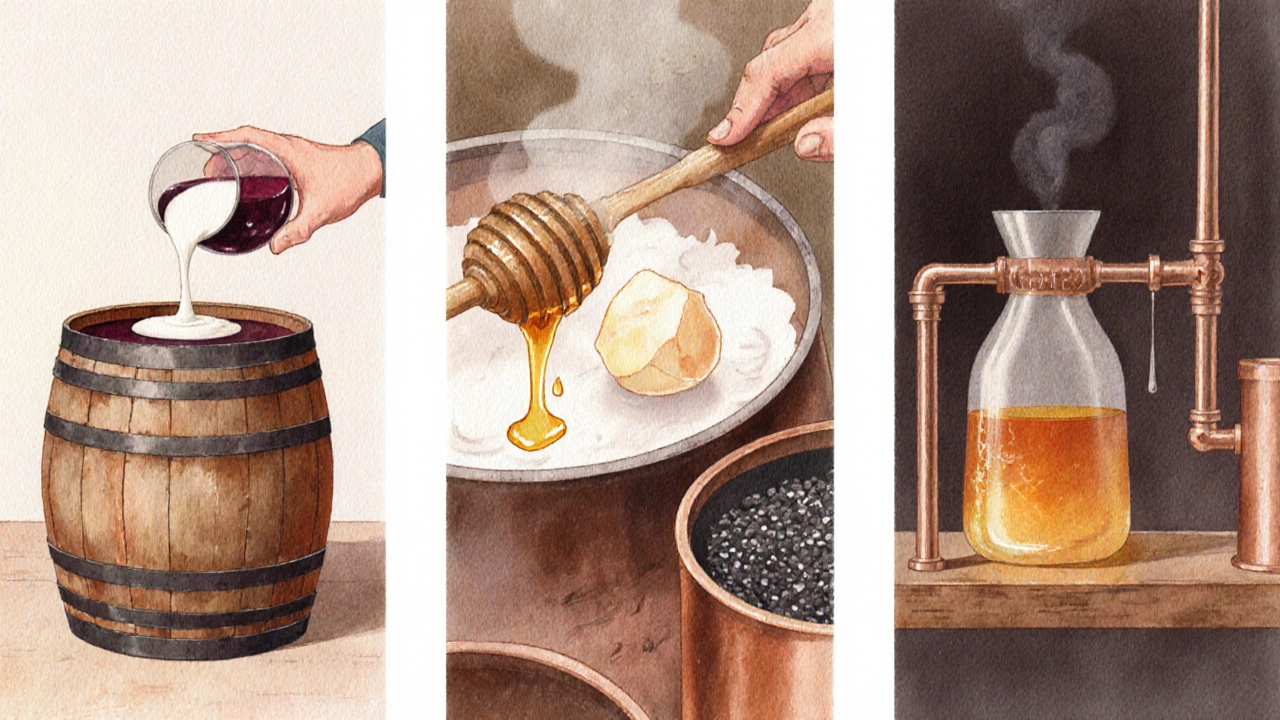 Watercolor panels showing wine, beer, and spirit production with casein, honey, and charcoal filters.