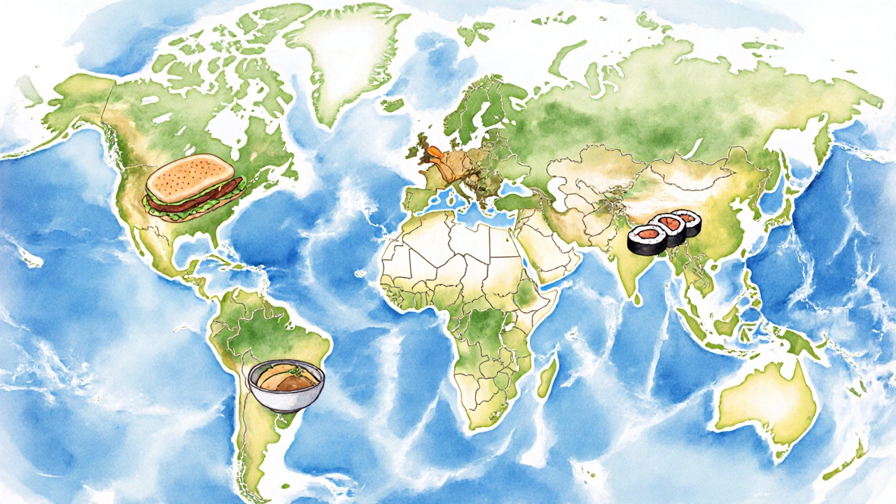Watercolor world map with lunch icons like sandwich, sushi, tacos placed regionally.