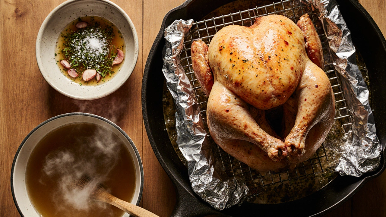 Whole chicken on rack in pan with foil, steam, brine bowl, and basting brush viewed from above.