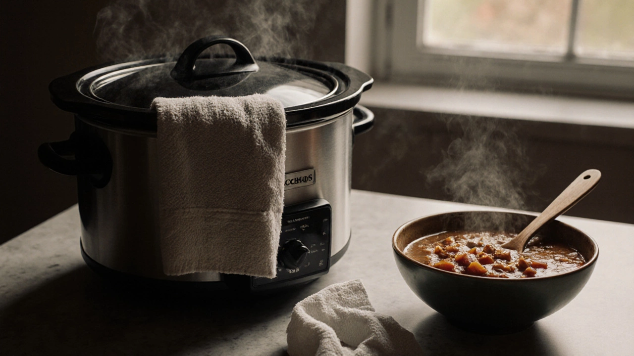 A damp tea towel resting beside a rich, thick stew in a quiet kitchen.