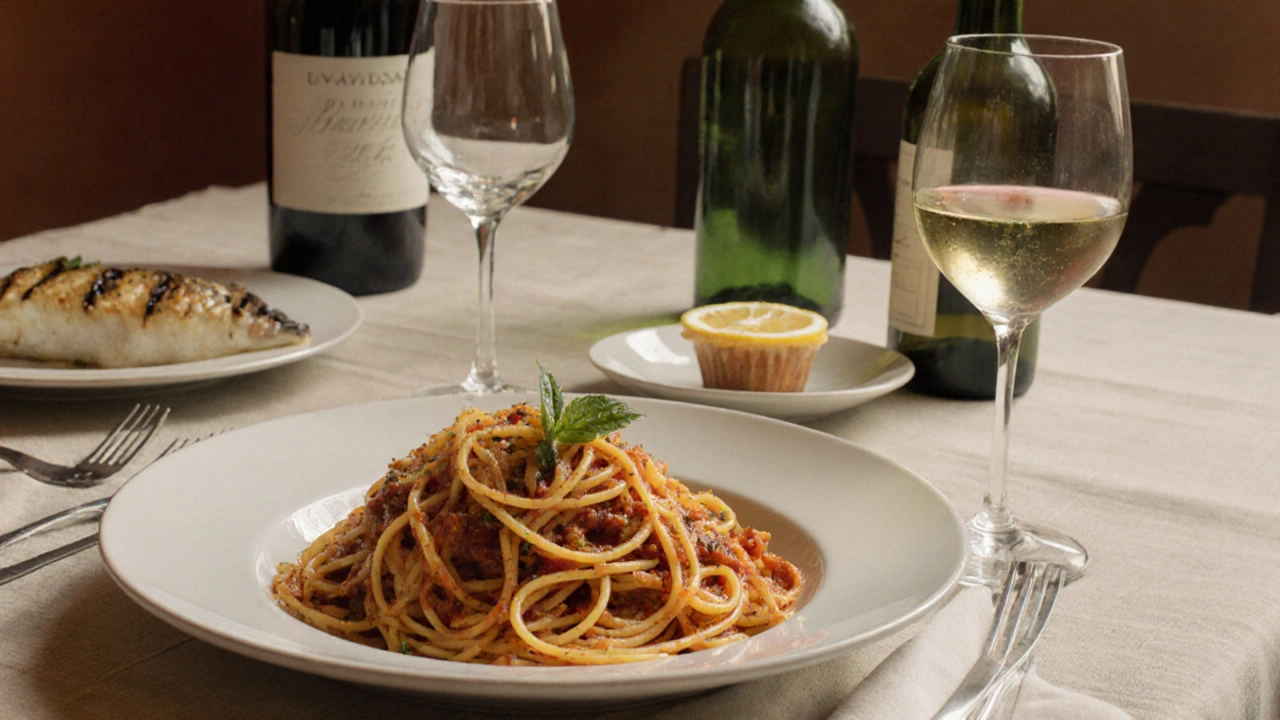 A sequence of Italian courses: spaghetti, grilled fish, and dessert, showing the balanced rhythm of a traditional meal.