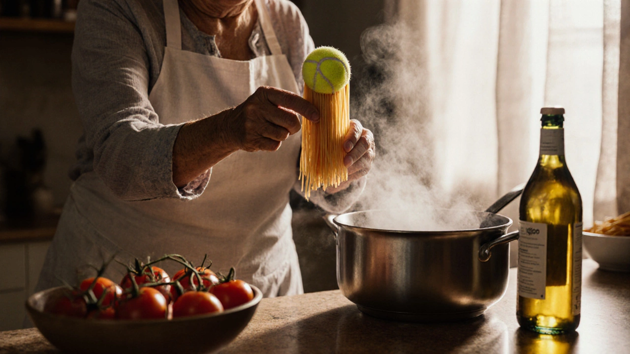 An Italian woman measuring dry spaghetti against a tennis ball in her kitchen, preparing a traditional meal.