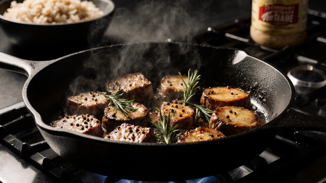 Crispy tempeh and portobello mushrooms sizzling in a skillet with herbs and soy glaze.