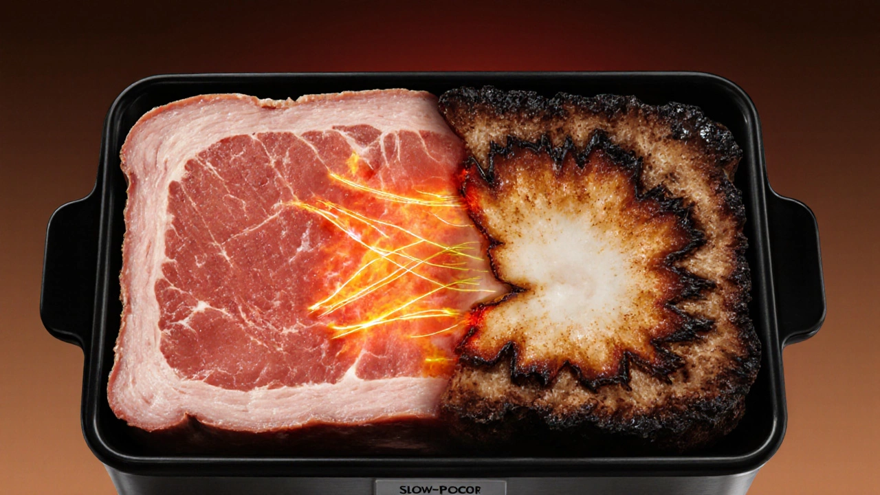 Cross-section of a slow cooker showing even heat penetration on low versus harsh surface heat on high, with collagen melting in one and cold center in the other.