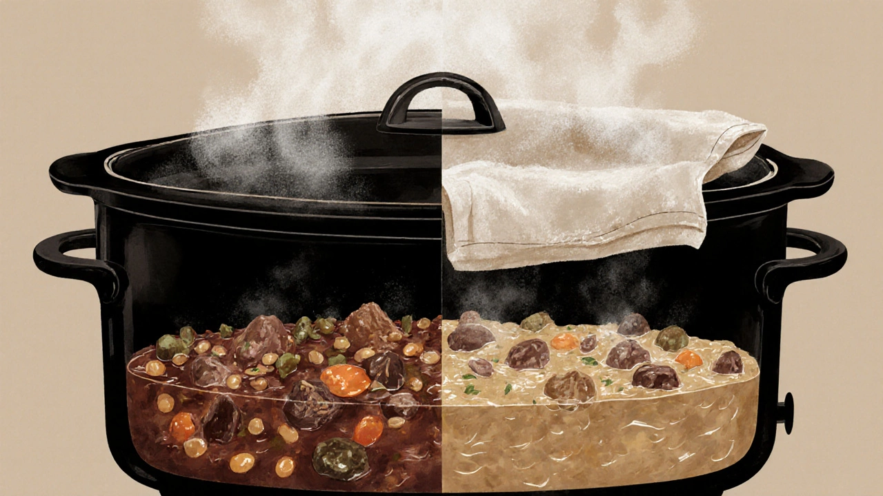 Cross-section of a slow cooker showing steam absorbed by a towel, with thickened stew below.