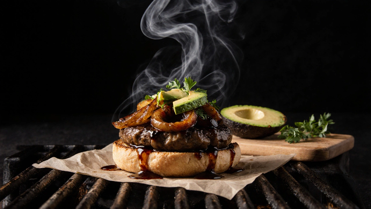 Grilled portobello mushrooms on a bun with onions and avocado, served on a wooden board.