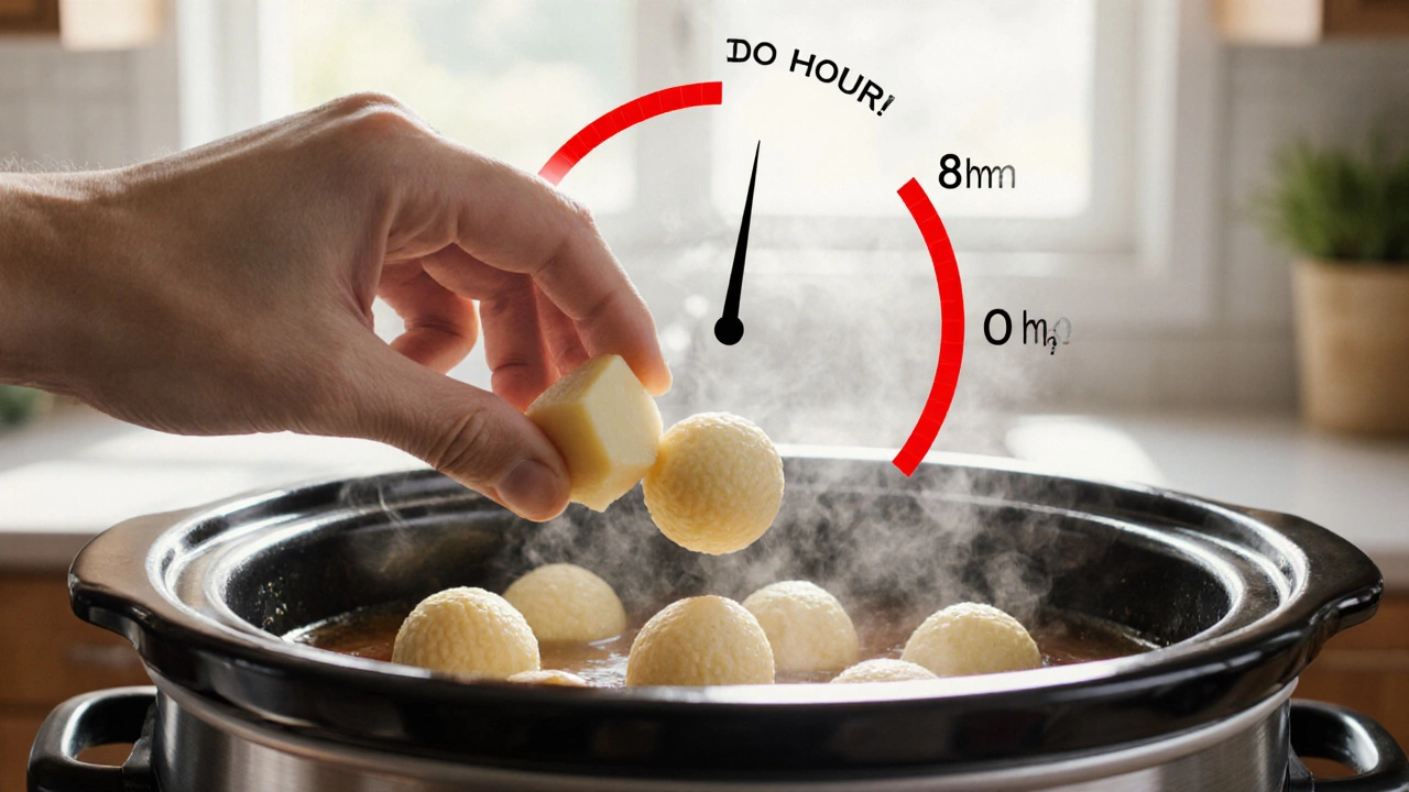 Hand adding potato chunks to slow cooker at perfect time, with transparent timing overlay showing optimal window.