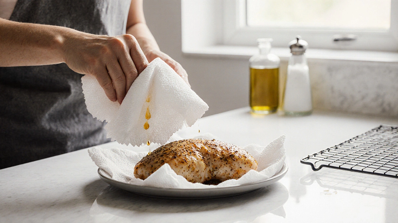 Hand patting marinated chicken dry with paper towels to remove excess moisture before baking.