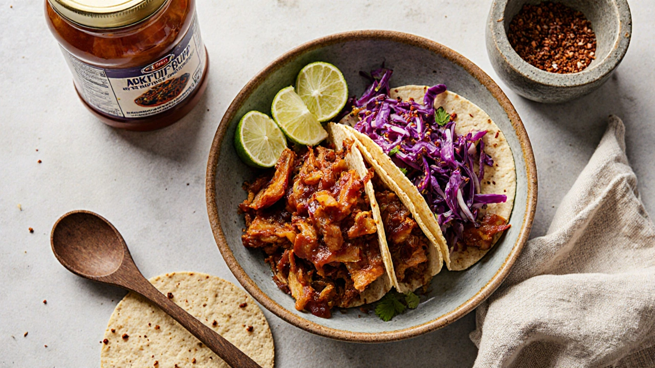 Jackfruit tacos with slaw and lime, beside a jar of jackfruit and chili flakes.