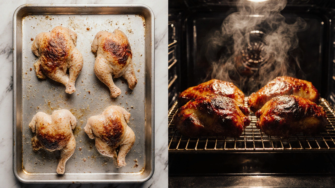 Side-by-side baked chicken: one pale and dry, the other caramelized and glossy on a wire rack.