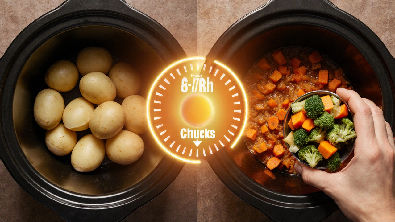 Side-by-side comparison: fresh vegetables vs. mushy leftovers in a slow cooker, with ideal timing in center.