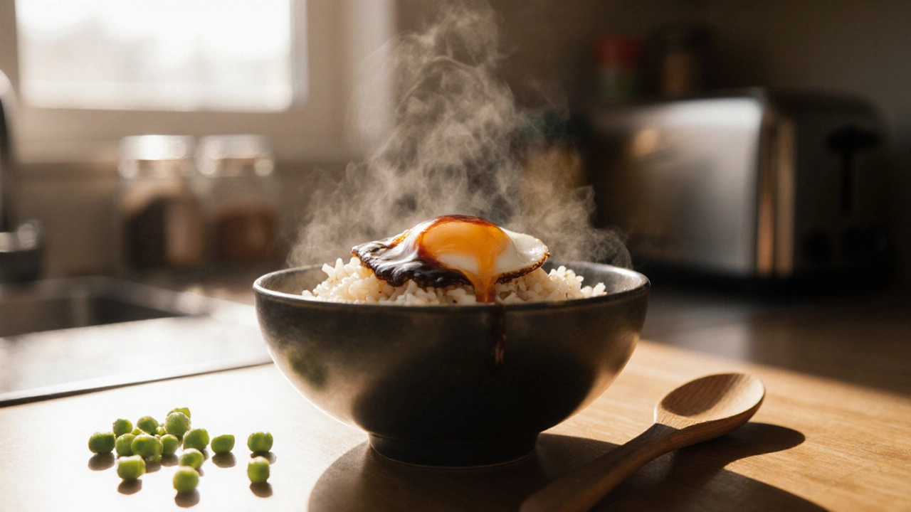 Steaming microwave rice bowl with egg and soy sauce, cozy and simple.